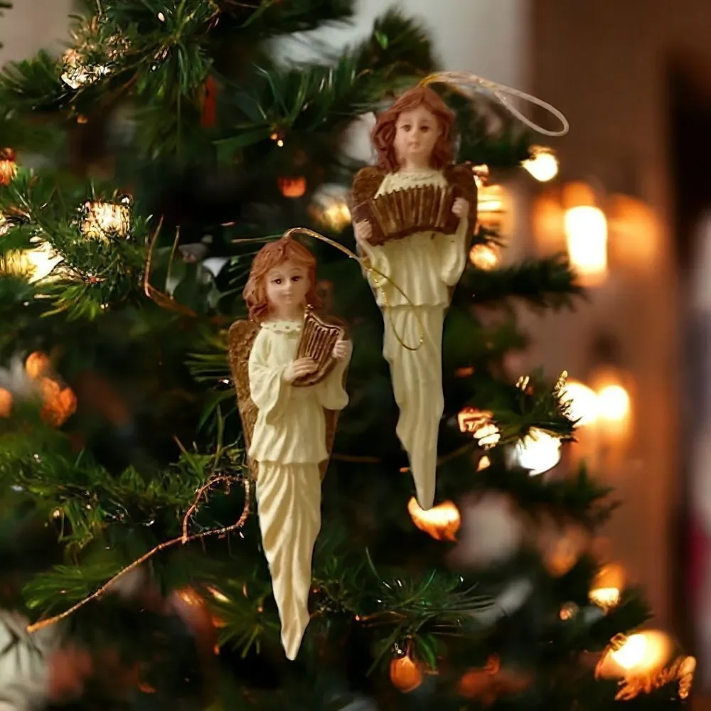 2 Angel Icicle Ornament Christmas Vintage 90s Resin Teardrop Holiday Ivory Gold.